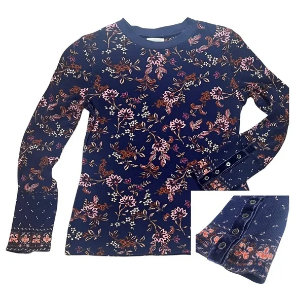 Sundance Waffle Knit Top Large Velvet Cuff Purple Floral Thermal Boho Prairie - Picture 2 of 12